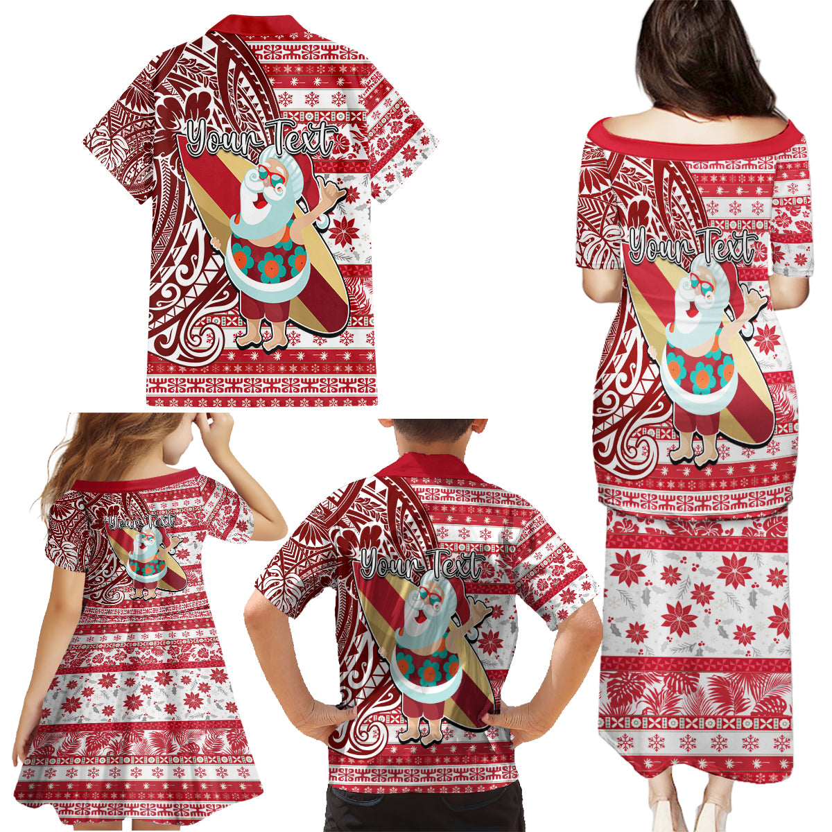 Custom Hawaii Mele Kalikimaka Family Matching Puletasi Dress and Hawaiian Shirt Santa Claus Surfing with Hawaiian Pattern Striped Red Style LT03 - Polynesian Pride