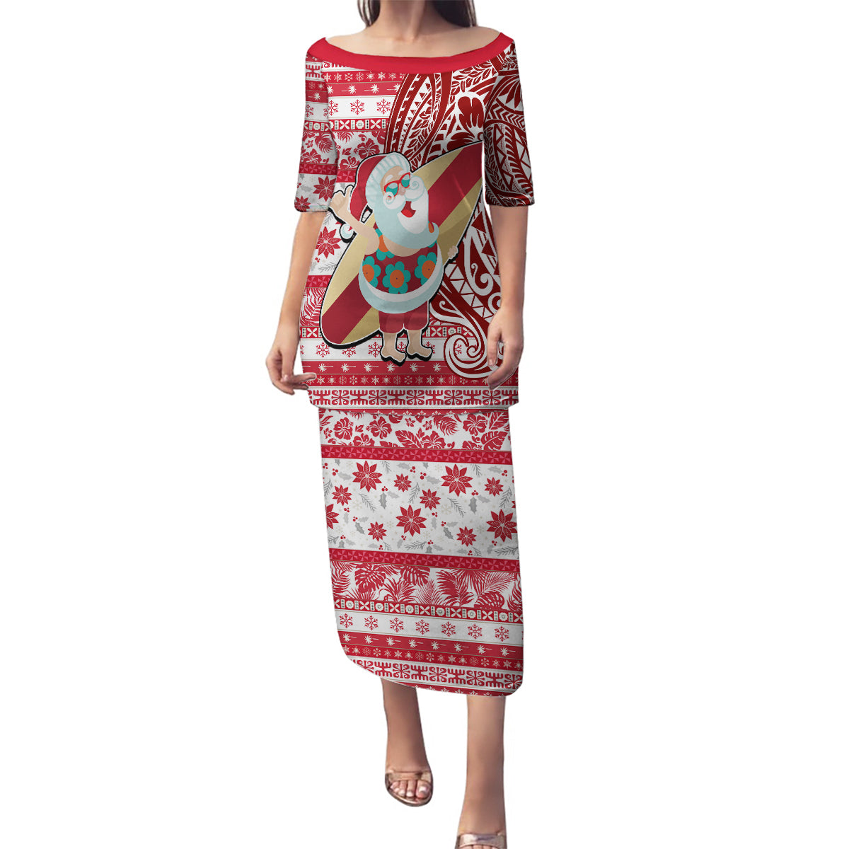 Custom Hawaii Mele Kalikimaka Family Matching Puletasi Dress and Hawaiian Shirt Santa Claus Surfing with Hawaiian Pattern Striped Red Style LT03 Mom's Dress Red - Polynesian Pride