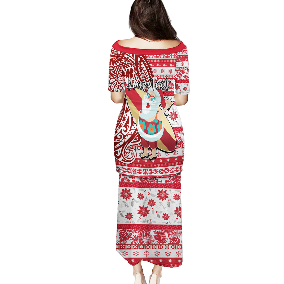 Custom Hawaii Mele Kalikimaka Family Matching Puletasi Dress and Hawaiian Shirt Santa Claus Surfing with Hawaiian Pattern Striped Red Style LT03 - Polynesian Pride