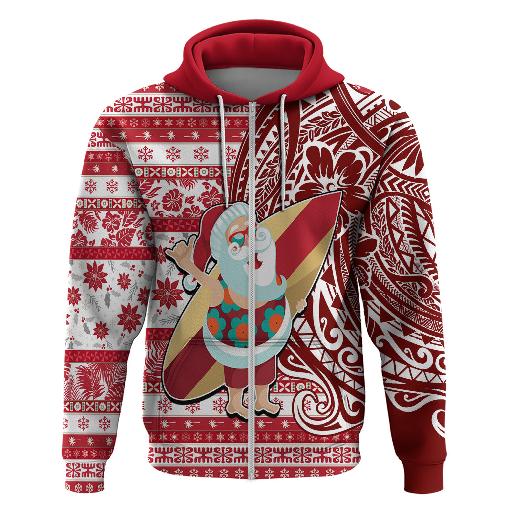 Custom Hawaii Mele Kalikimaka Hoodie Santa Claus Surfing with Hawaiian Pattern Striped Red Style LT03 Zip Hoodie Red - Polynesian Pride