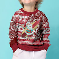 Custom Hawaii Mele Kalikimaka Kid Ugly Christmas Sweater Santa Claus Surfing with Hawaiian Pattern Striped Red Style LT03 - Polynesian Pride