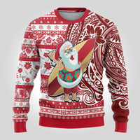Custom Hawaii Mele Kalikimaka Ugly Christmas Sweater Santa Claus Surfing with Hawaiian Pattern Striped Red Style LT03 - Polynesian Pride