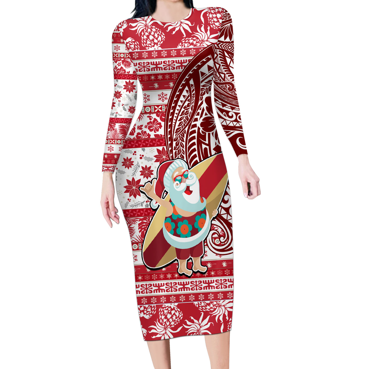 Custom Hawaii Mele Kalikimaka Long Sleeve Bodycon Dress Santa Claus Surfing with Hawaiian Pattern Striped Red Style LT03 Long Dress Red - Polynesian Pride