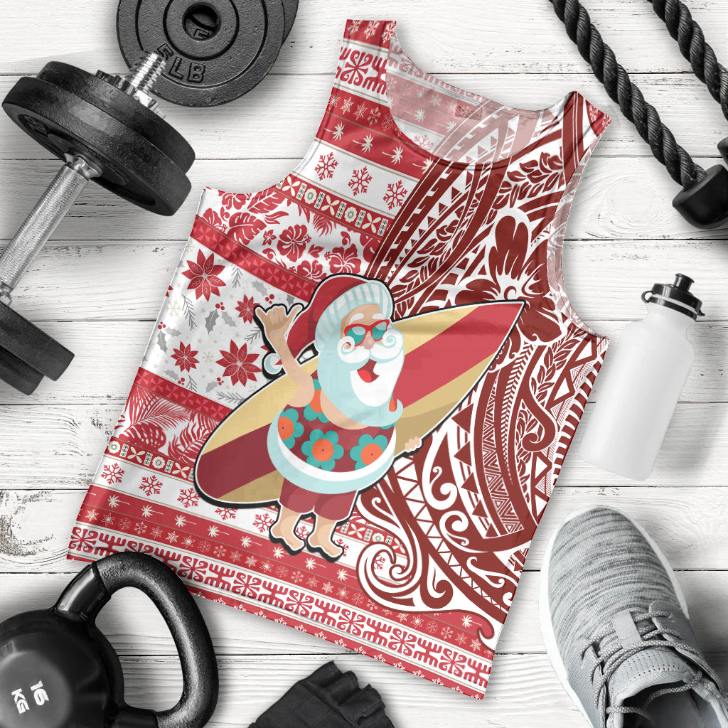 Custom Hawaii Mele Kalikimaka Men Tank Top Santa Claus Surfing with Hawaiian Pattern Striped Red Style LT03 - Polynesian Pride