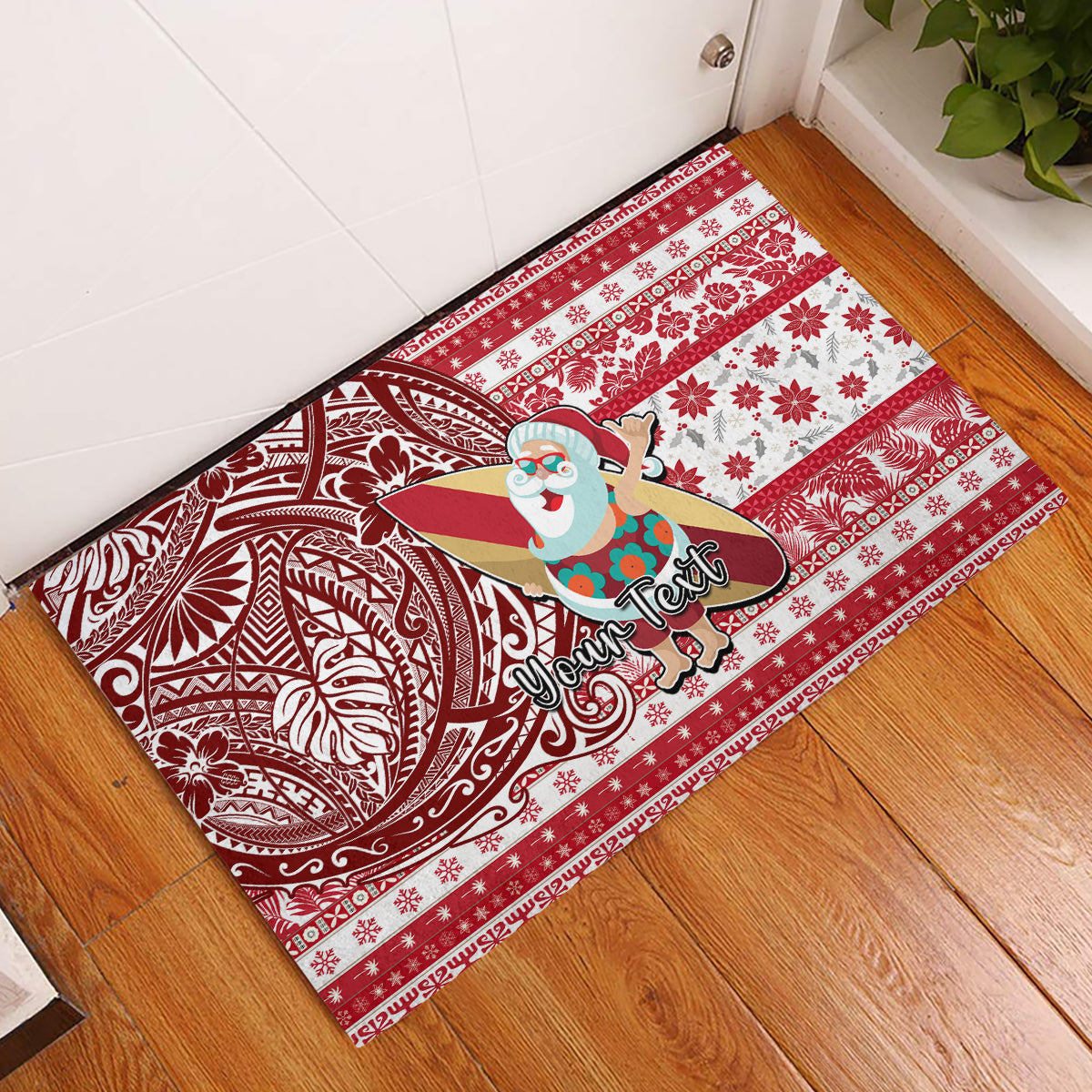 Custom Hawaii Mele Kalikimaka Rubber Doormat Santa Claus Surfing with Hawaiian Pattern Striped Red Style LT03 Red - Polynesian Pride