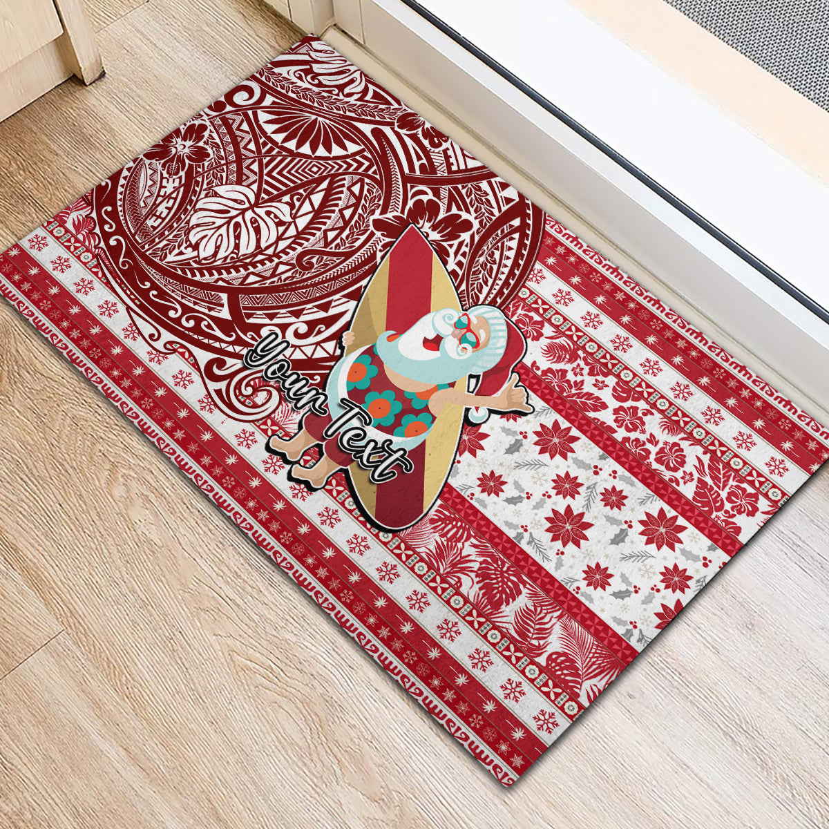 Custom Hawaii Mele Kalikimaka Rubber Doormat Santa Claus Surfing with Hawaiian Pattern Striped Red Style LT03 - Polynesian Pride