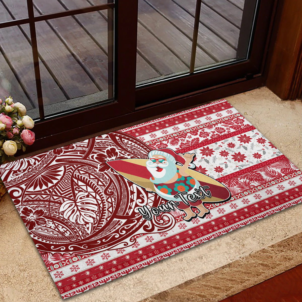 Custom Hawaii Mele Kalikimaka Rubber Doormat Santa Claus Surfing with Hawaiian Pattern Striped Red Style LT03 - Polynesian Pride