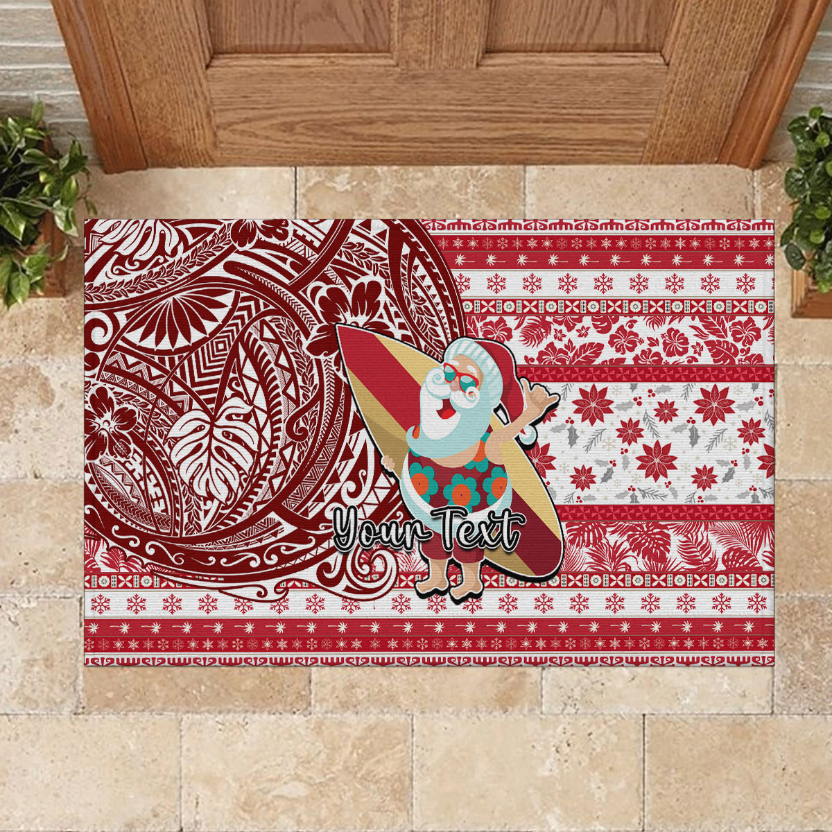 Custom Hawaii Mele Kalikimaka Rubber Doormat Santa Claus Surfing with Hawaiian Pattern Striped Red Style LT03 - Polynesian Pride