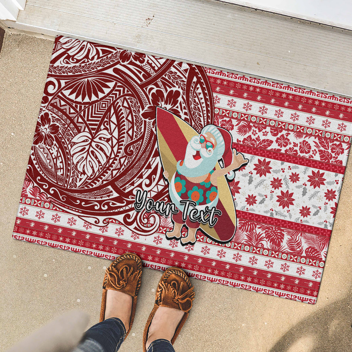 Custom Hawaii Mele Kalikimaka Rubber Doormat Santa Claus Surfing with Hawaiian Pattern Striped Red Style LT03 - Polynesian Pride