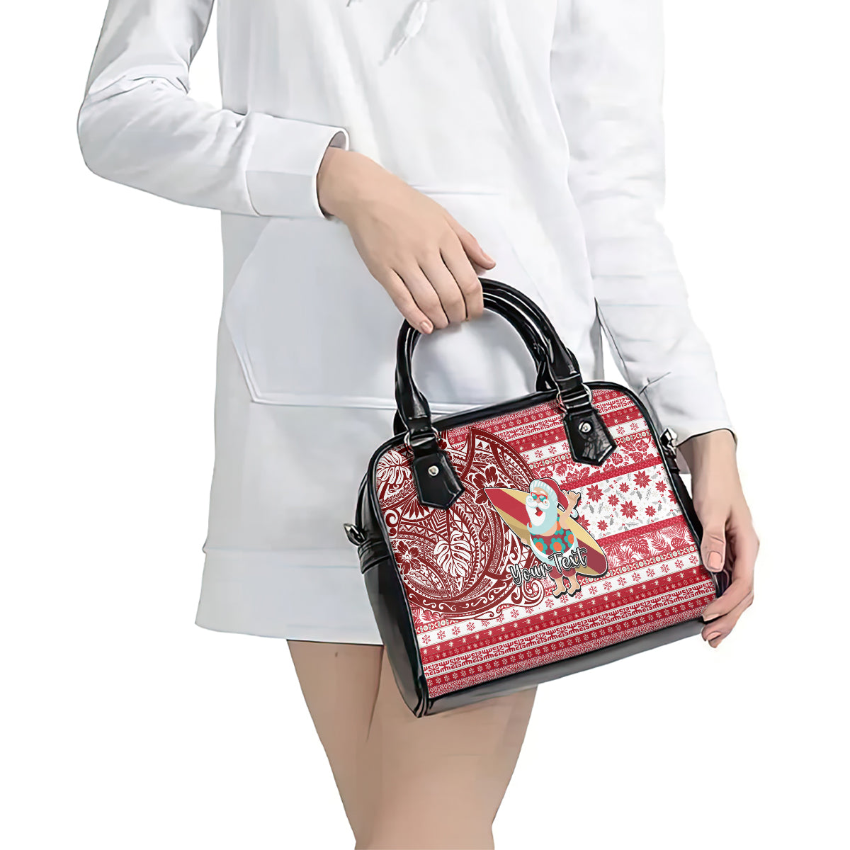 Custom Hawaii Mele Kalikimaka Shoulder Handbag Santa Claus Surfing with Hawaiian Pattern Striped Red Style LT03 - Polynesian Pride