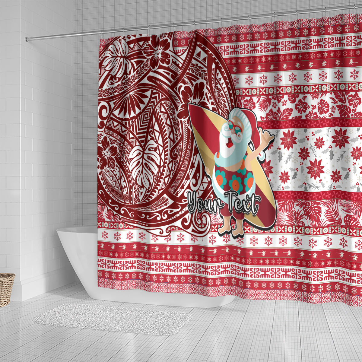 Custom Hawaii Mele Kalikimaka Shower Curtain Santa Claus Surfing with Hawaiian Pattern Striped Red Style LT03 - Polynesian Pride