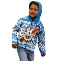 Hawaii Mele Kalikimaka Kid Hoodie Santa Claus Surfing with Hawaiian Pattern Striped Blue Style LT03 - Polynesian Pride