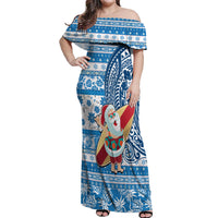 Hawaii Mele Kalikimaka Off Shoulder Maxi Dress Santa Claus Surfing with Hawaiian Pattern Striped Blue Style LT03 Women Blue - Polynesian Pride