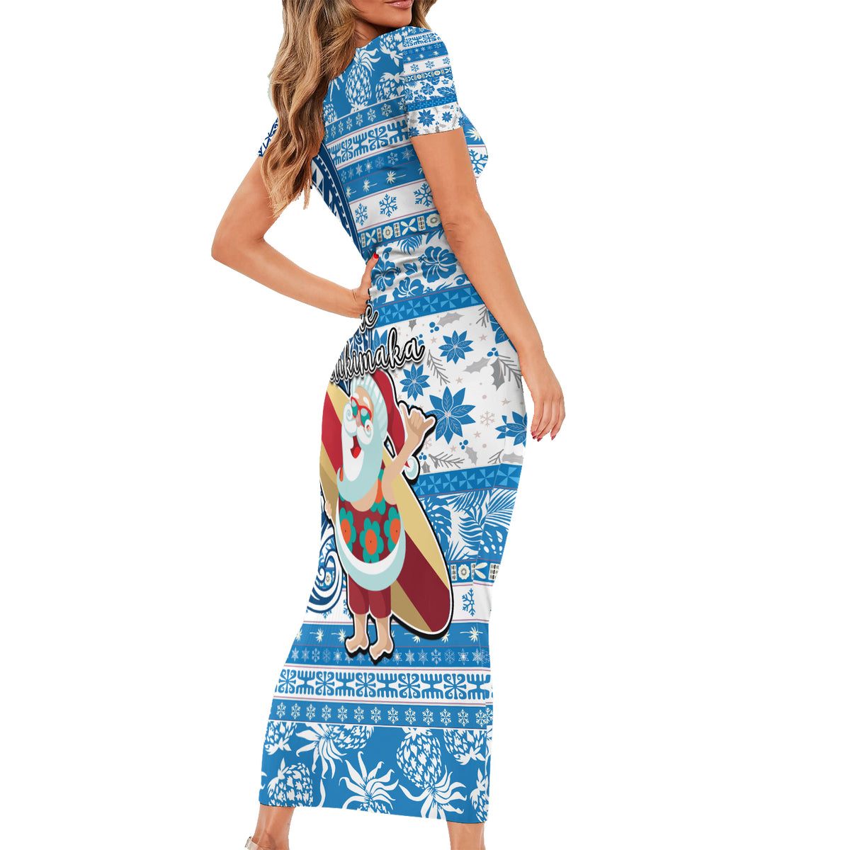 Hawaii Mele Kalikimaka Short Sleeve Bodycon Dress Santa Claus Surfing with Hawaiian Pattern Striped Blue Style LT03 - Polynesian Pride