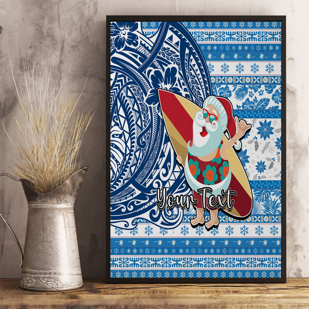 Custom Hawaii Mele Kalikimaka Canvas Wall Art Santa Claus Surfing with Hawaiian Pattern Striped Blue Style LT03 - Polynesian Pride