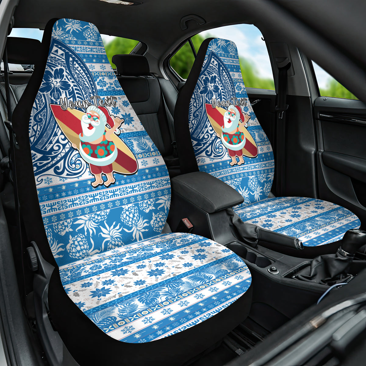 Custom Hawaii Mele Kalikimaka Car Seat Cover Santa Claus Surfing with Hawaiian Pattern Striped Blue Style LT03 One Size Blue - Polynesian Pride