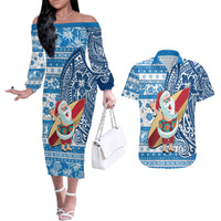 Custom Hawaii Mele Kalikimaka Couples Matching Off The Shoulder Long Sleeve Dress and Hawaiian Shirt Santa Claus Surfing with Hawaiian Pattern Striped Blue Style LT03 Blue - Polynesian Pride