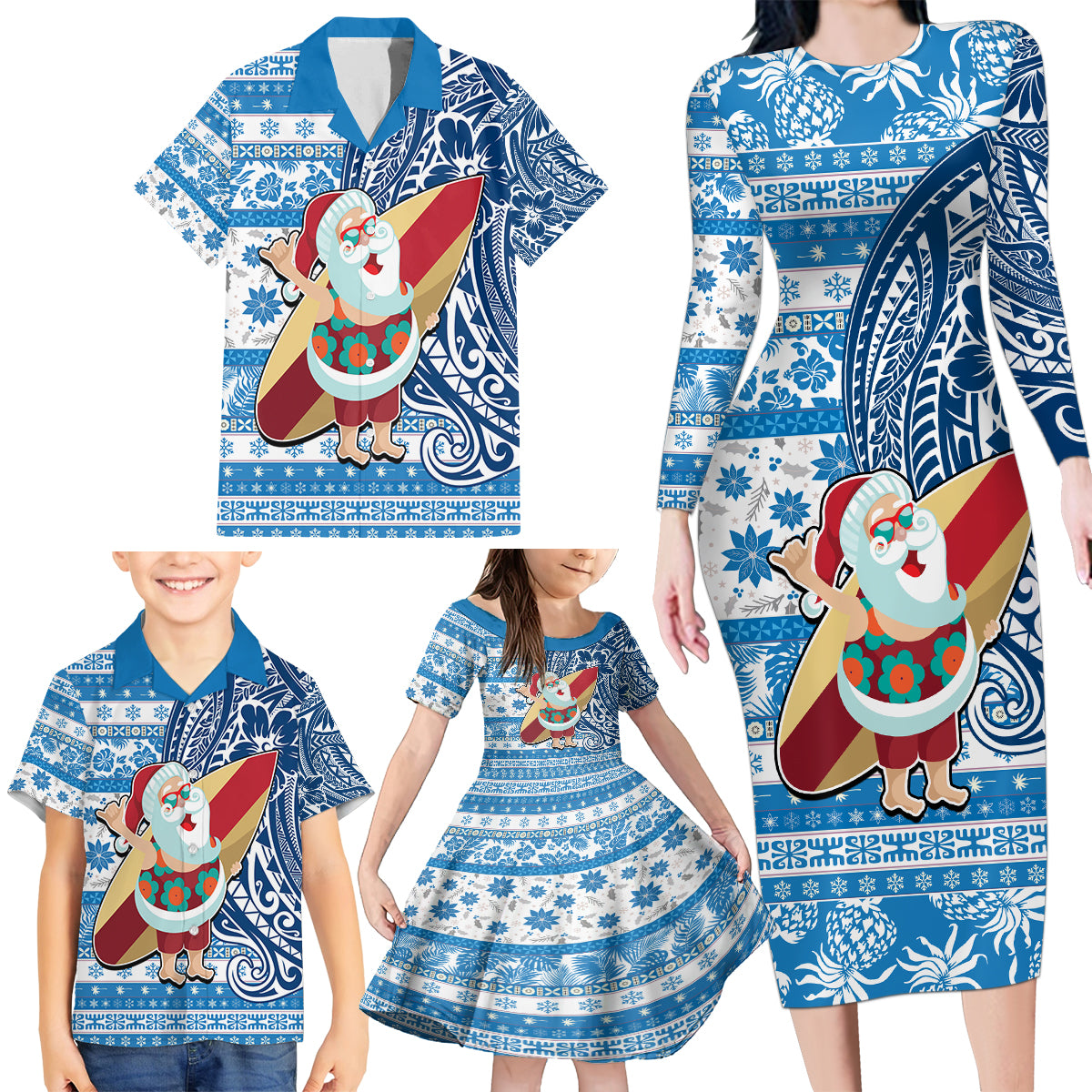 Custom Hawaii Mele Kalikimaka Family Matching Long Sleeve Bodycon Dress and Hawaiian Shirt Santa Claus Surfing with Hawaiian Pattern Striped Blue Style LT03 - Polynesian Pride