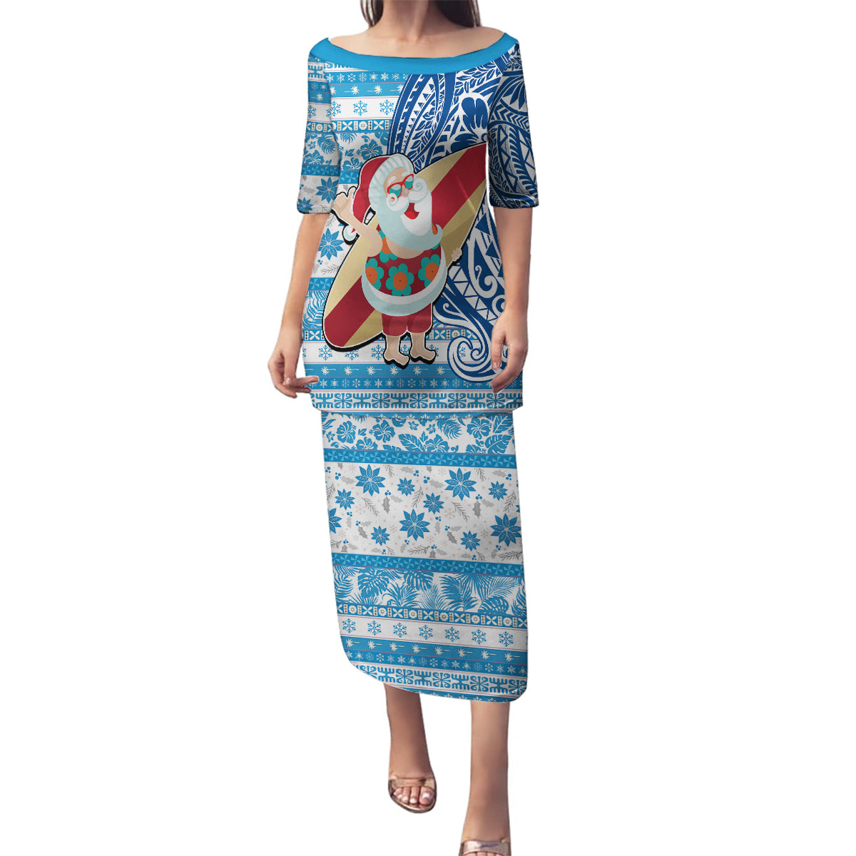 Custom Hawaii Mele Kalikimaka Family Matching Puletasi Dress and Hawaiian Shirt Santa Claus Surfing with Hawaiian Pattern Striped Blue Style LT03 Mom's Dress Blue - Polynesian Pride