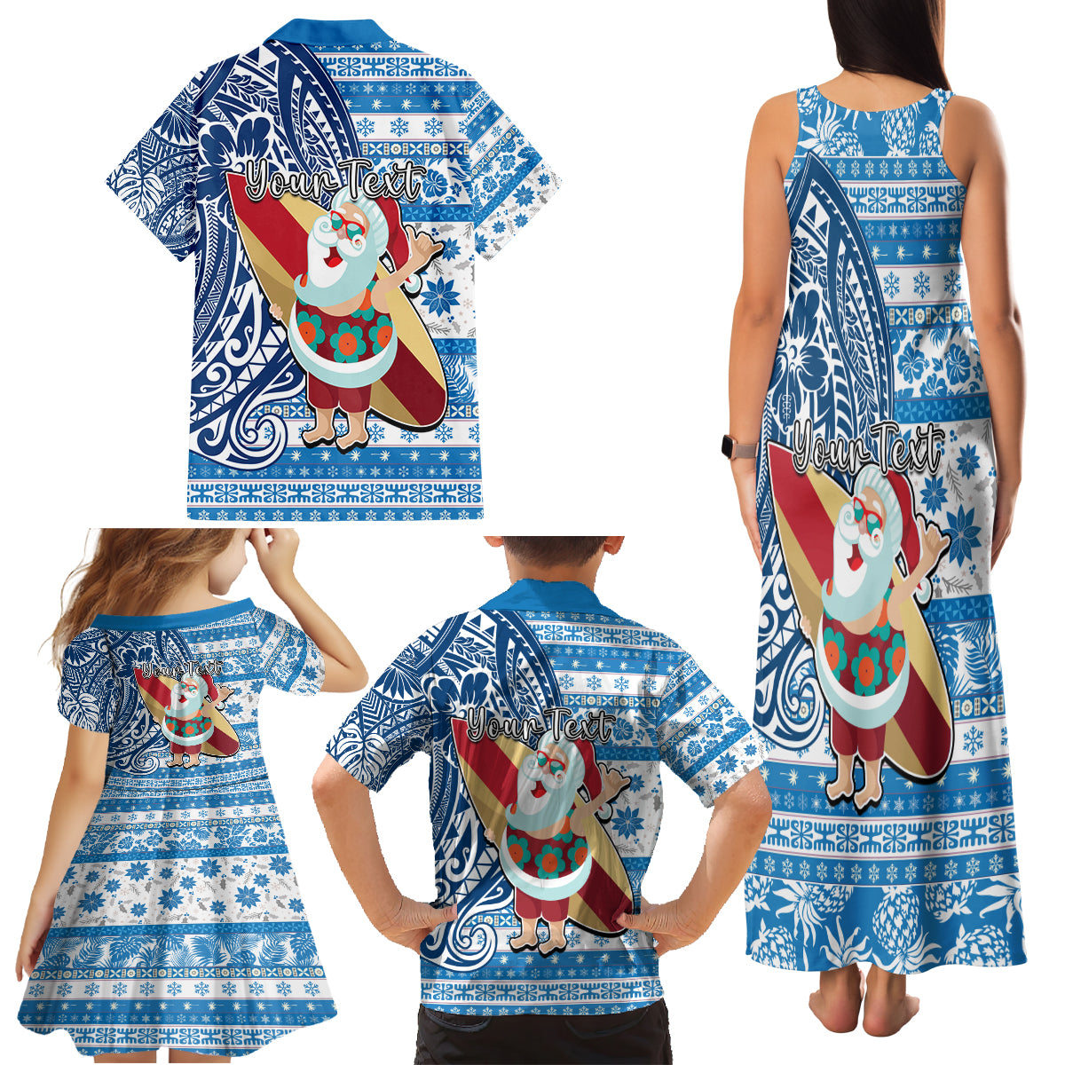Custom Hawaii Mele Kalikimaka Family Matching Tank Maxi Dress and Hawaiian Shirt Santa Claus Surfing with Hawaiian Pattern Striped Blue Style LT03 - Polynesian Pride