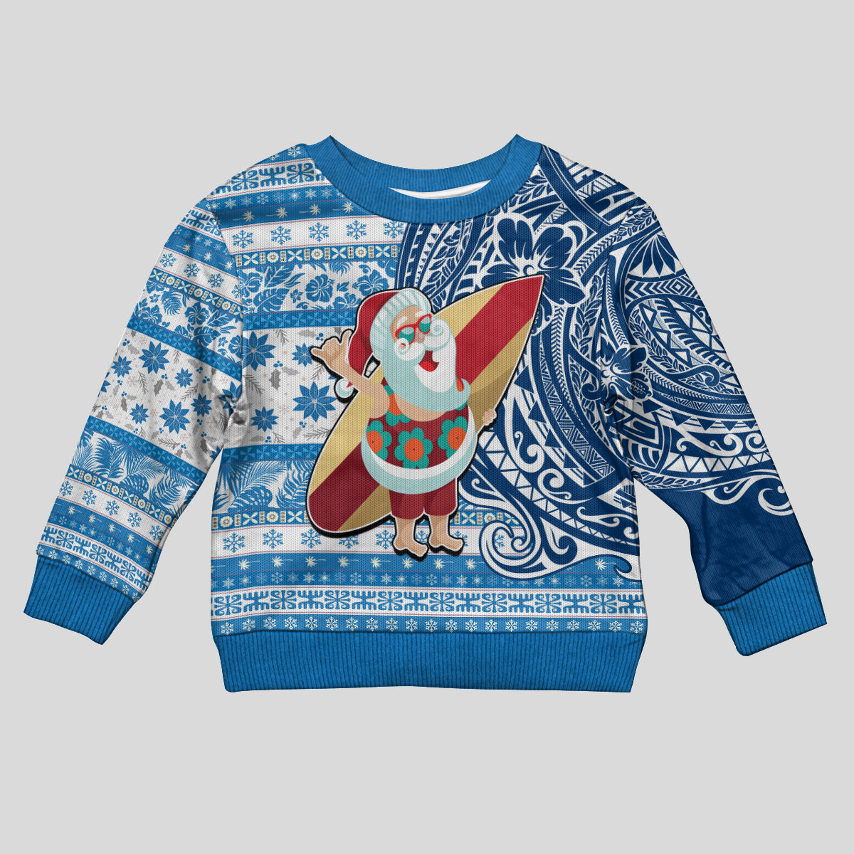 Custom Hawaii Mele Kalikimaka Kid Ugly Christmas Sweater Santa Claus Surfing with Hawaiian Pattern Striped Blue Style LT03 Kid Blue - Polynesian Pride