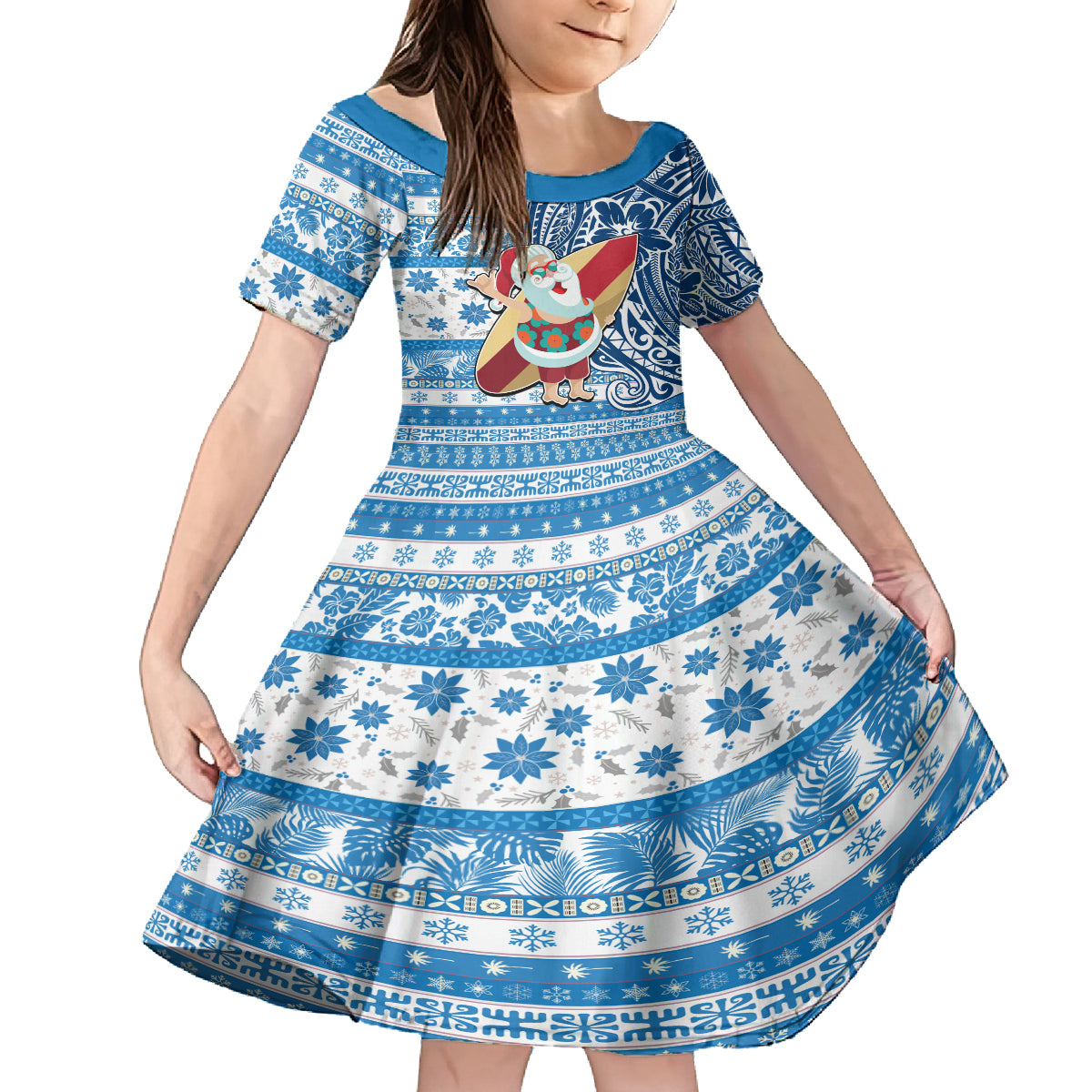 Custom Hawaii Mele Kalikimaka Kid Short Sleeve Dress Santa Claus Surfing with Hawaiian Pattern Striped Blue Style LT03 KID Blue - Polynesian Pride