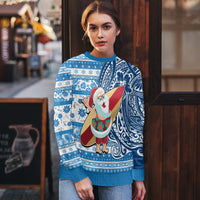 Custom Hawaii Mele Kalikimaka Ugly Christmas Sweater Santa Claus Surfing with Hawaiian Pattern Striped Blue Style LT03 - Polynesian Pride