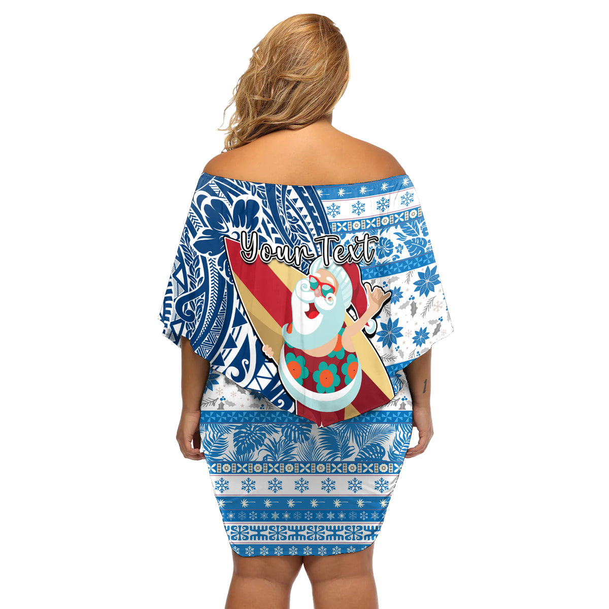 Custom Hawaii Mele Kalikimaka Off Shoulder Short Dress Santa Claus Surfing with Hawaiian Pattern Striped Blue Style LT03 - Polynesian Pride