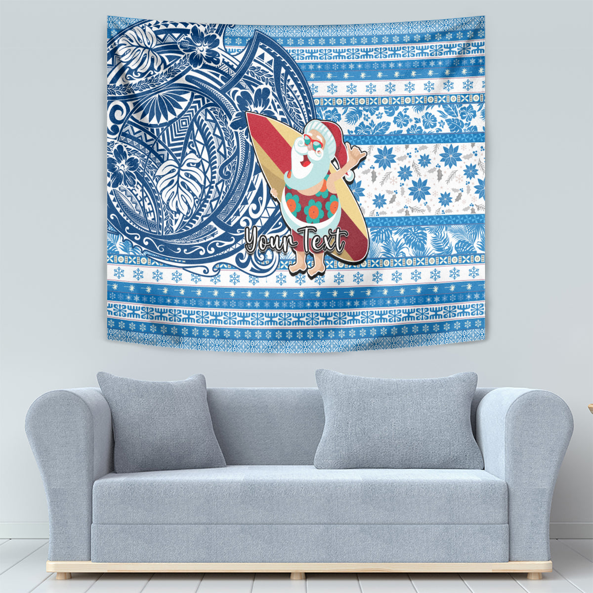 Custom Hawaii Mele Kalikimaka Tapestry Santa Claus Surfing with Hawaiian Pattern Striped Blue Style LT03 - Polynesian Pride