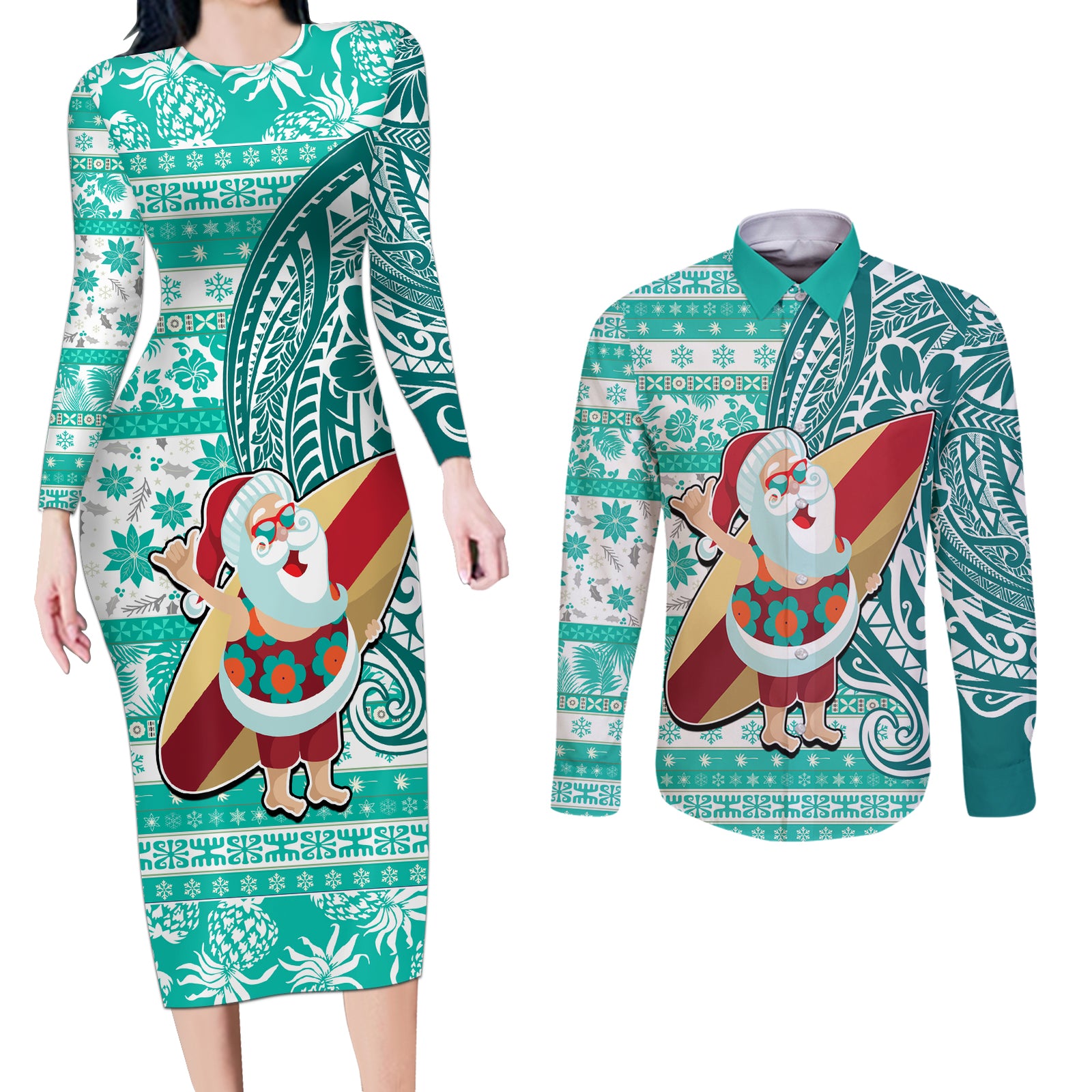 Hawaii Mele Kalikimaka Couples Matching Long Sleeve Bodycon Dress and Long Sleeve Button Shirt Santa Claus Surfing with Hawaiian Pattern Striped Turquoise Style LT03 Turquoise - Polynesian Pride
