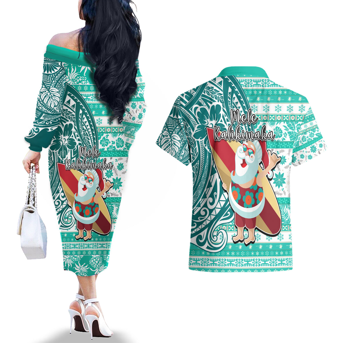Hawaii Mele Kalikimaka Couples Matching Off The Shoulder Long Sleeve Dress and Hawaiian Shirt Santa Claus Surfing with Hawaiian Pattern Striped Turquoise Style LT03 - Polynesian Pride
