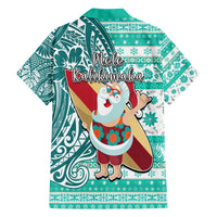 Hawaii Mele Kalikimaka Family Matching Long Sleeve Bodycon Dress and Hawaiian Shirt Santa Claus Surfing with Hawaiian Pattern Striped Turquoise Style LT03 - Polynesian Pride