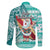 Hawaii Mele Kalikimaka Family Matching Long Sleeve Bodycon Dress and Hawaiian Shirt Santa Claus Surfing with Hawaiian Pattern Striped Turquoise Style LT03 - Polynesian Pride