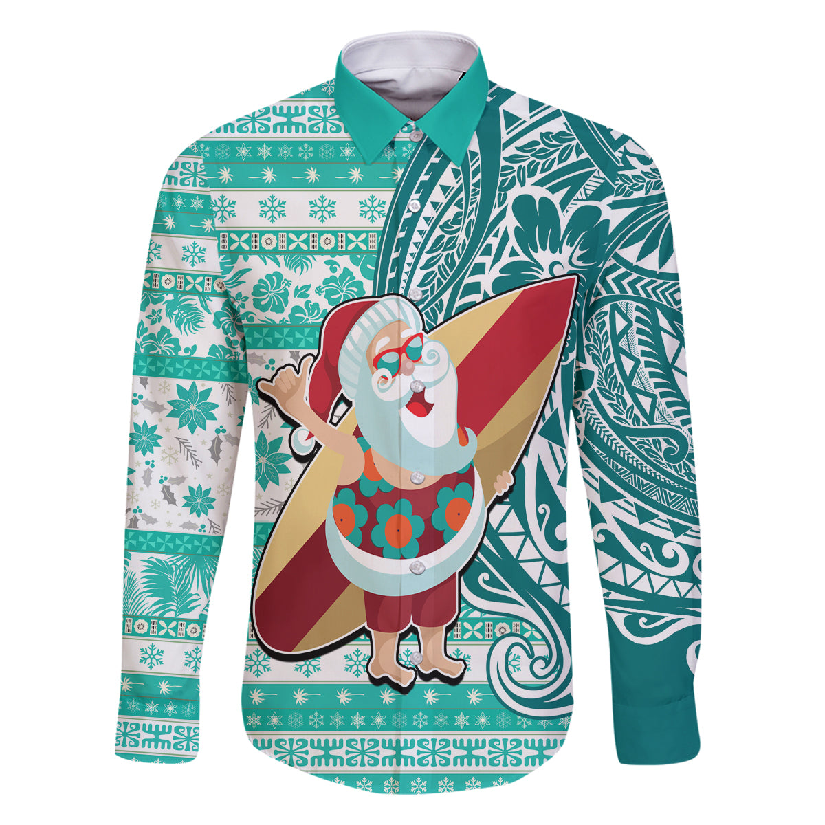 Hawaii Mele Kalikimaka Family Matching Off Shoulder Long Sleeve Dress and Hawaiian Shirt Santa Claus Surfing with Hawaiian Pattern Striped Turquoise Style LT03 Dad's Shirt - Long Sleeve Turquoise - Polynesian Pride