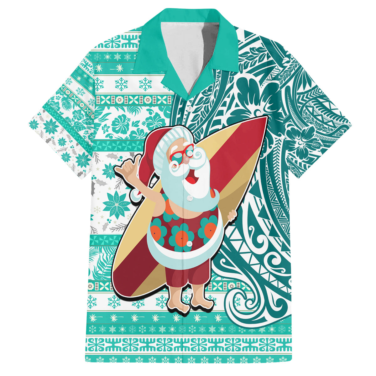 Hawaii Mele Kalikimaka Family Matching Off Shoulder Short Dress and Hawaiian Shirt Santa Claus Surfing with Hawaiian Pattern Striped Turquoise Style LT03 Dad's Shirt - Short Sleeve Turquoise - Polynesian Pride