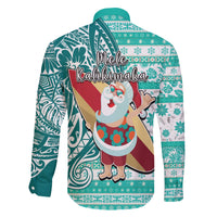 Hawaii Mele Kalikimaka Family Matching Short Sleeve Bodycon Dress and Hawaiian Shirt Santa Claus Surfing with Hawaiian Pattern Striped Turquoise Style LT03 - Polynesian Pride