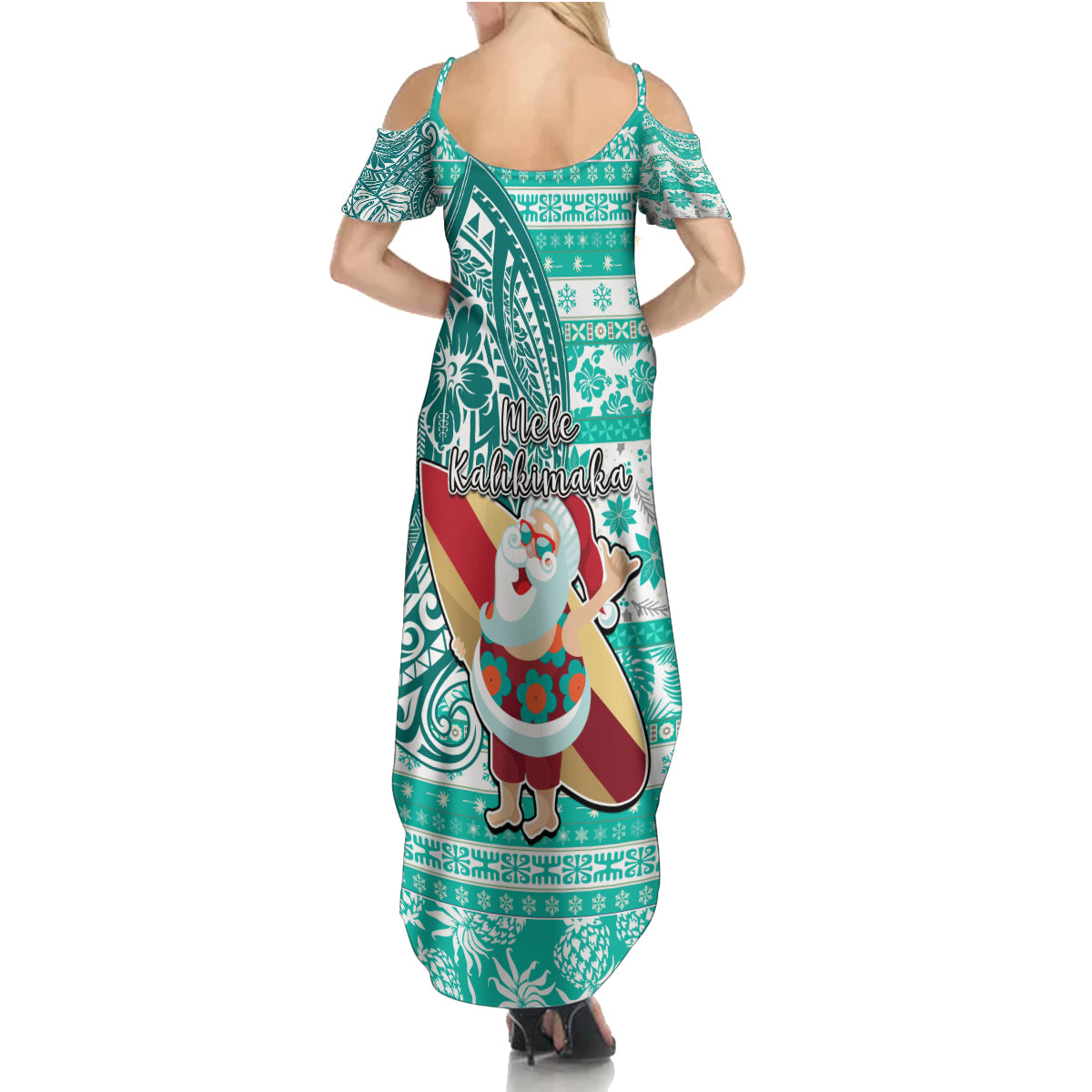 Hawaii Mele Kalikimaka Family Matching Summer Maxi Dress and Hawaiian Shirt Santa Claus Surfing with Hawaiian Pattern Striped Turquoise Style LT03 - Polynesian Pride
