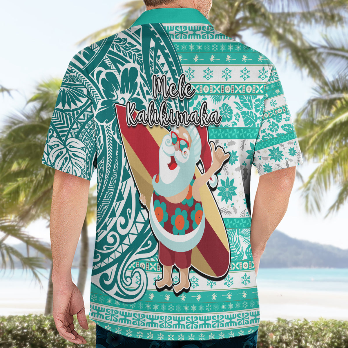 Hawaii Mele Kalikimaka Hawaiian Shirt Santa Claus Surfing with Hawaiian Pattern Striped Turquoise Style LT03 - Polynesian Pride