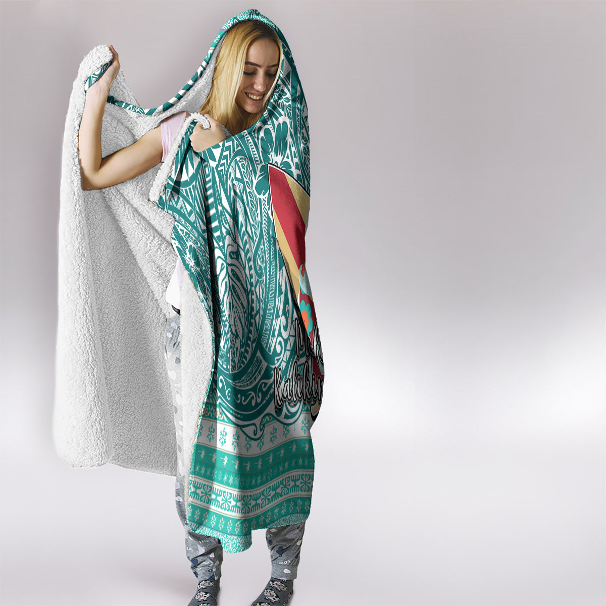 Hawaii Mele Kalikimaka Hooded Blanket Santa Claus Surfing with Hawaiian Pattern Striped Turquoise Style LT03 - Polynesian Pride