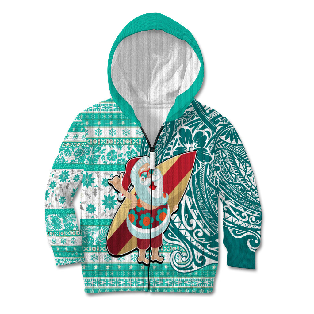 Hawaii Mele Kalikimaka Kid Hoodie Santa Claus Surfing with Hawaiian Pattern Striped Turquoise Style LT03 - Polynesian Pride
