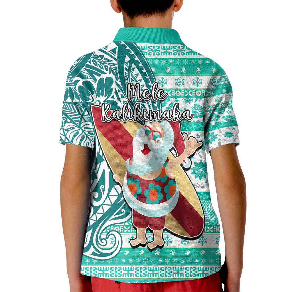 Hawaii Mele Kalikimaka Kid Polo Shirt Santa Claus Surfing with Hawaiian Pattern Striped Turquoise Style LT03 - Polynesian Pride
