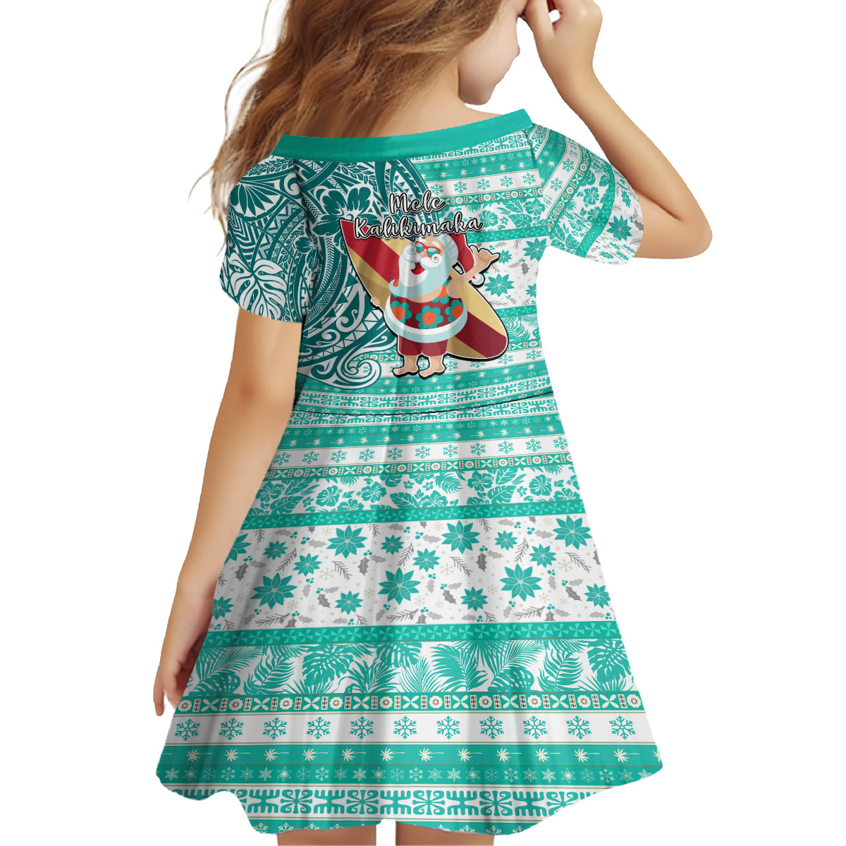 Hawaii Mele Kalikimaka Kid Short Sleeve Dress Santa Claus Surfing with Hawaiian Pattern Striped Turquoise Style LT03 - Polynesian Pride