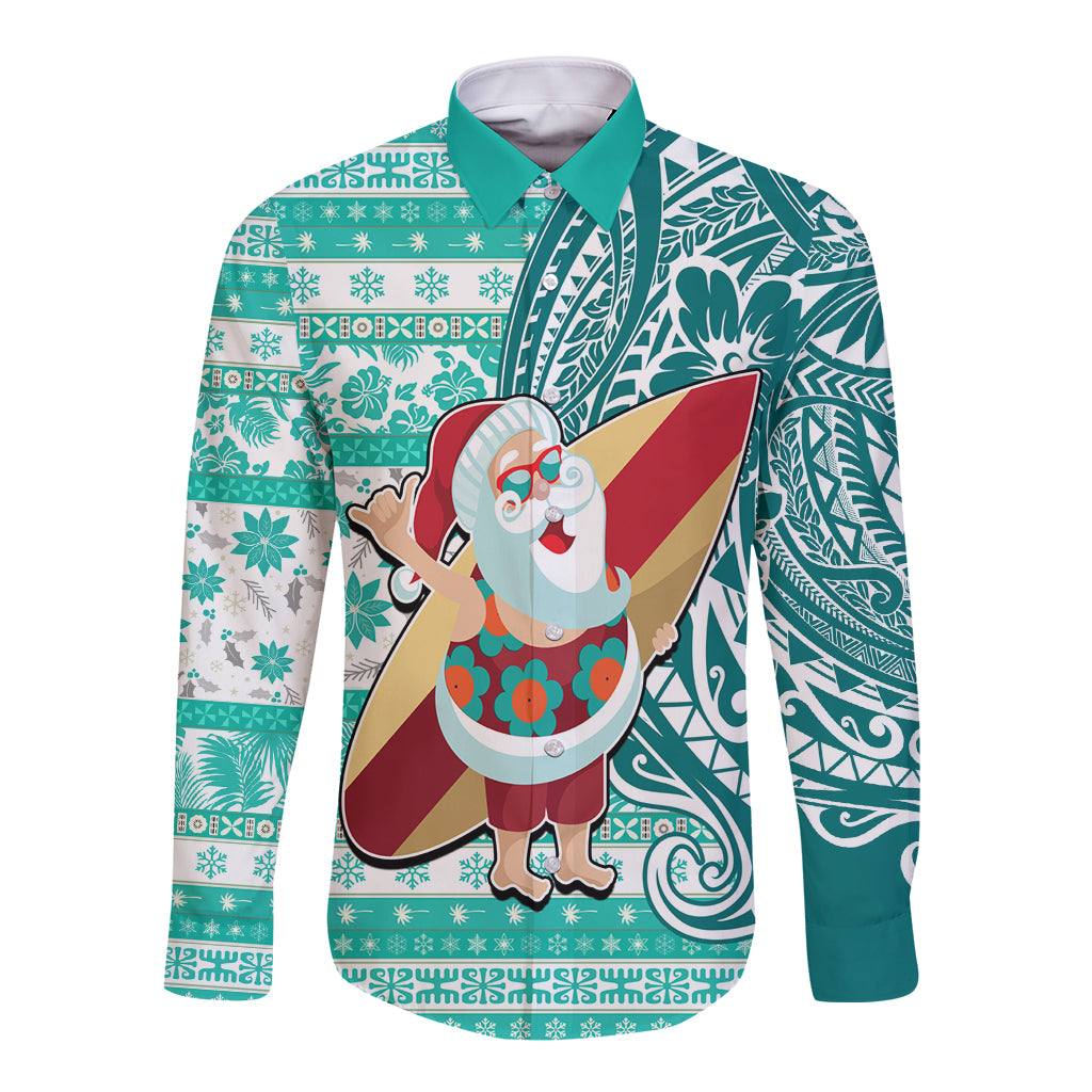 Hawaii Mele Kalikimaka Long Sleeve Button Shirt Santa Claus Surfing with Hawaiian Pattern Striped Turquoise Style LT03 Unisex Turquoise - Polynesian Pride