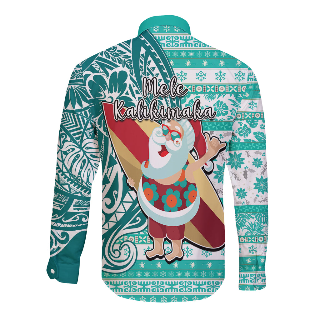 Hawaii Mele Kalikimaka Long Sleeve Button Shirt Santa Claus Surfing with Hawaiian Pattern Striped Turquoise Style LT03 - Polynesian Pride