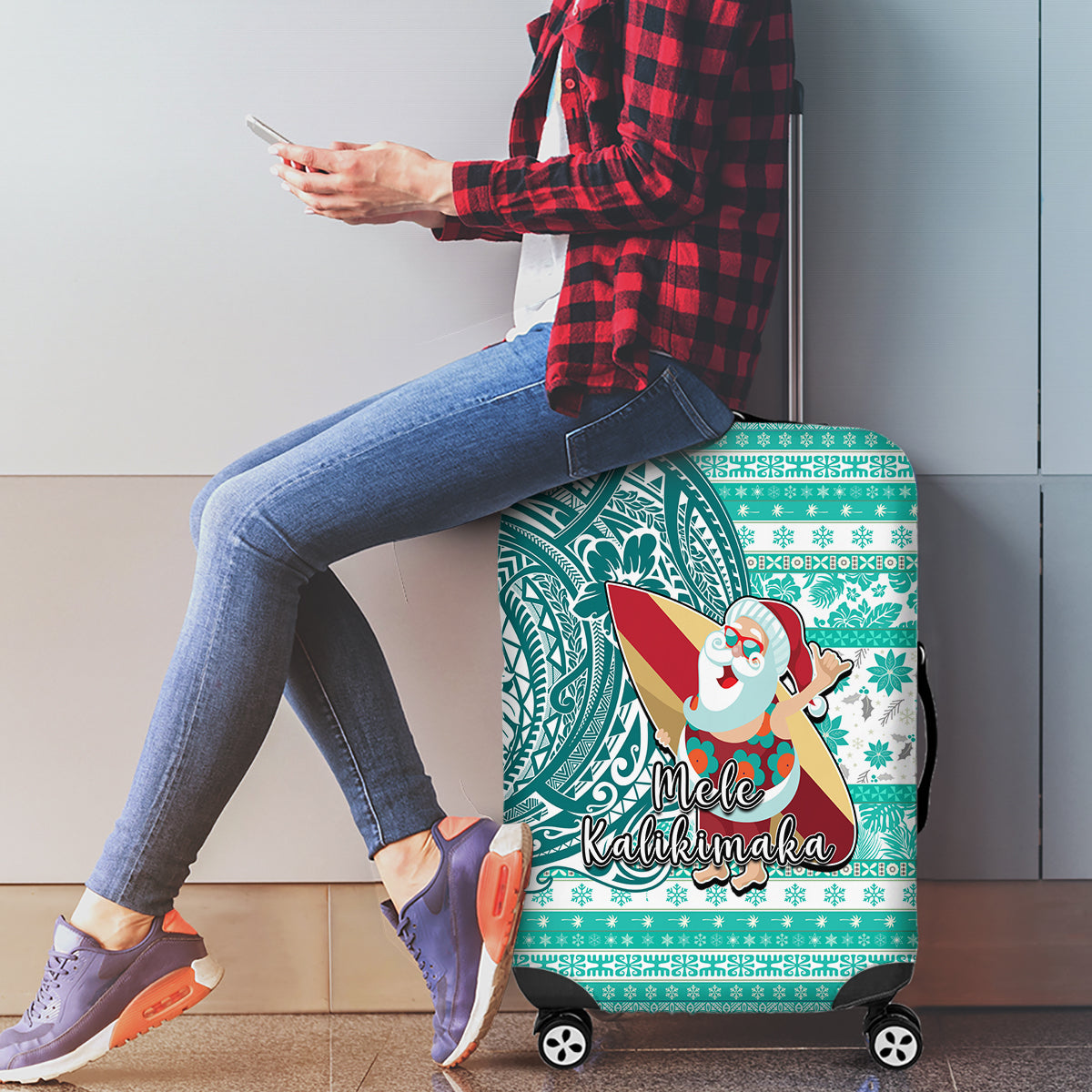 Hawaii Mele Kalikimaka Luggage Cover Santa Claus Surfing with Hawaiian Pattern Striped Turquoise Style LT03 - Polynesian Pride