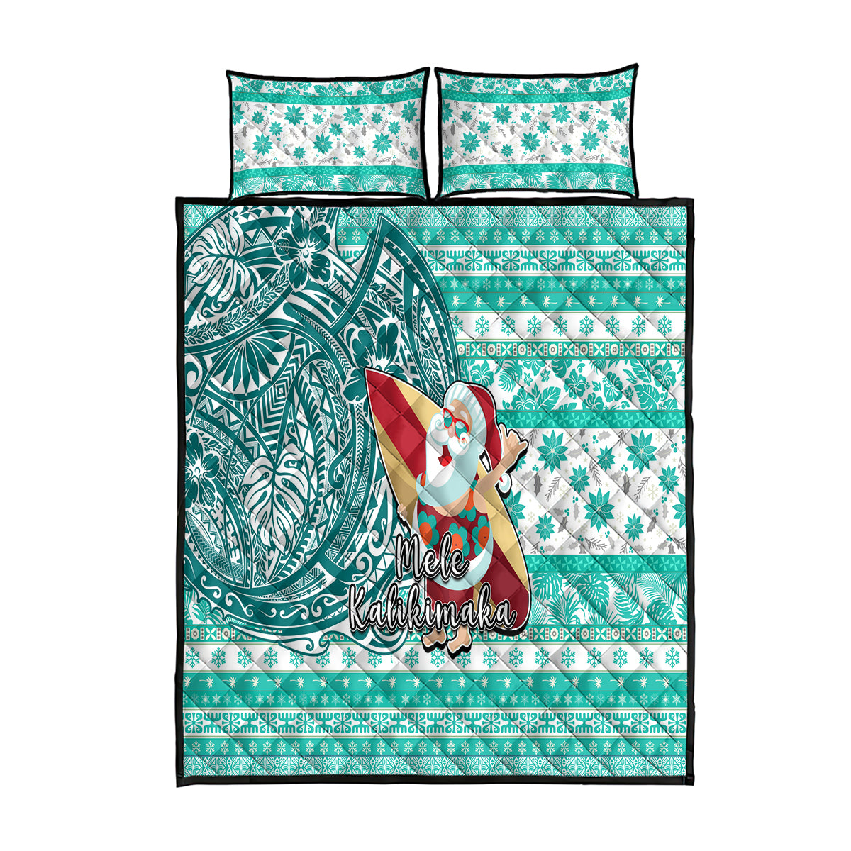 Hawaii Mele Kalikimaka Quilt Bed Set Santa Claus Surfing with Hawaiian Pattern Striped Turquoise Style LT03 Turquoise - Polynesian Pride