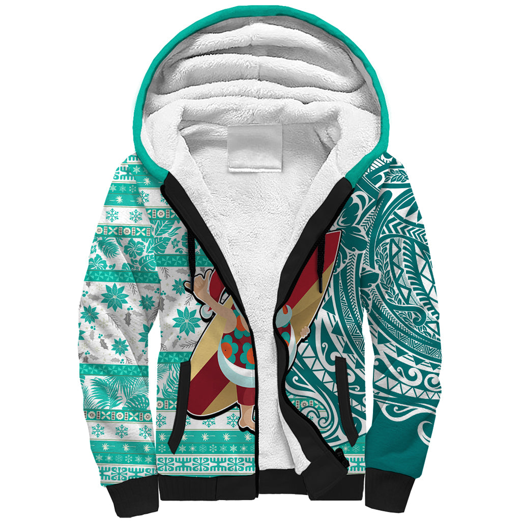 Hawaii Mele Kalikimaka Sherpa Hoodie Santa Claus Surfing with Hawaiian Pattern Striped Turquoise Style LT03 Unisex Turquoise - Polynesian Pride