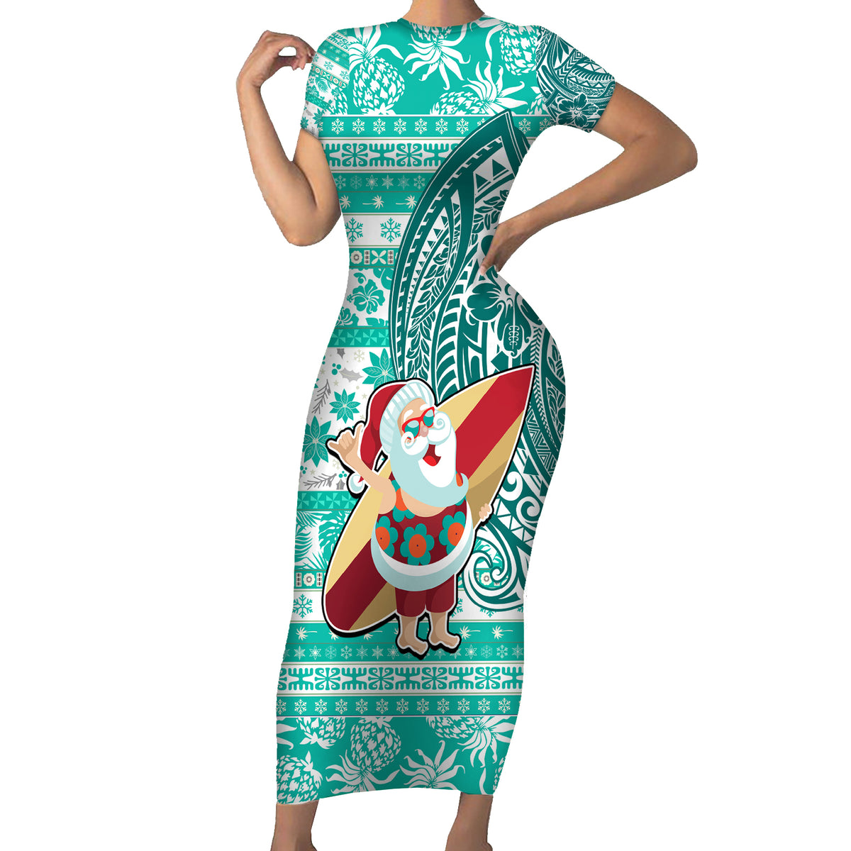 Hawaii Mele Kalikimaka Short Sleeve Bodycon Dress Santa Claus Surfing with Hawaiian Pattern Striped Turquoise Style LT03 Long Dress Turquoise - Polynesian Pride