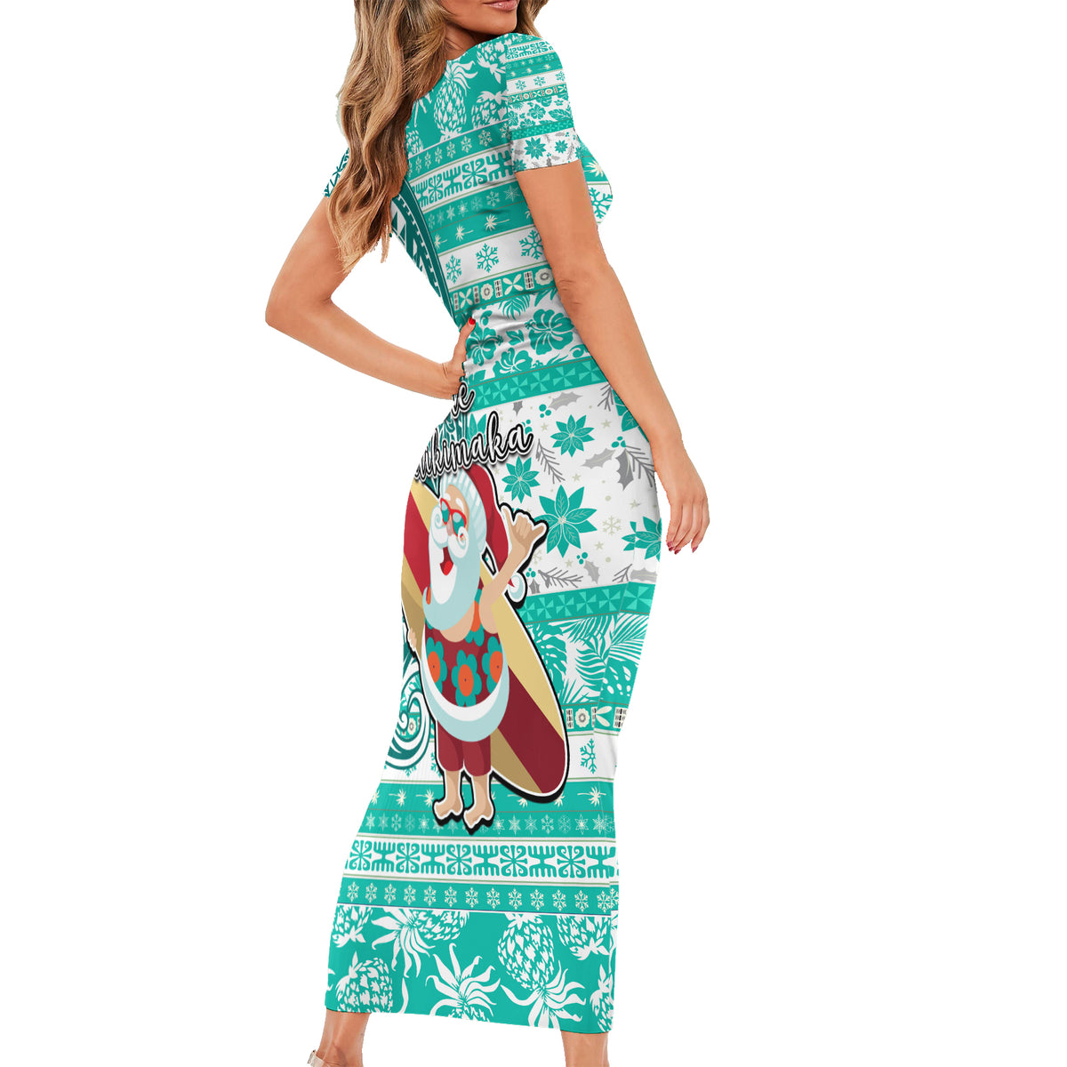 Hawaii Mele Kalikimaka Short Sleeve Bodycon Dress Santa Claus Surfing with Hawaiian Pattern Striped Turquoise Style LT03 - Polynesian Pride
