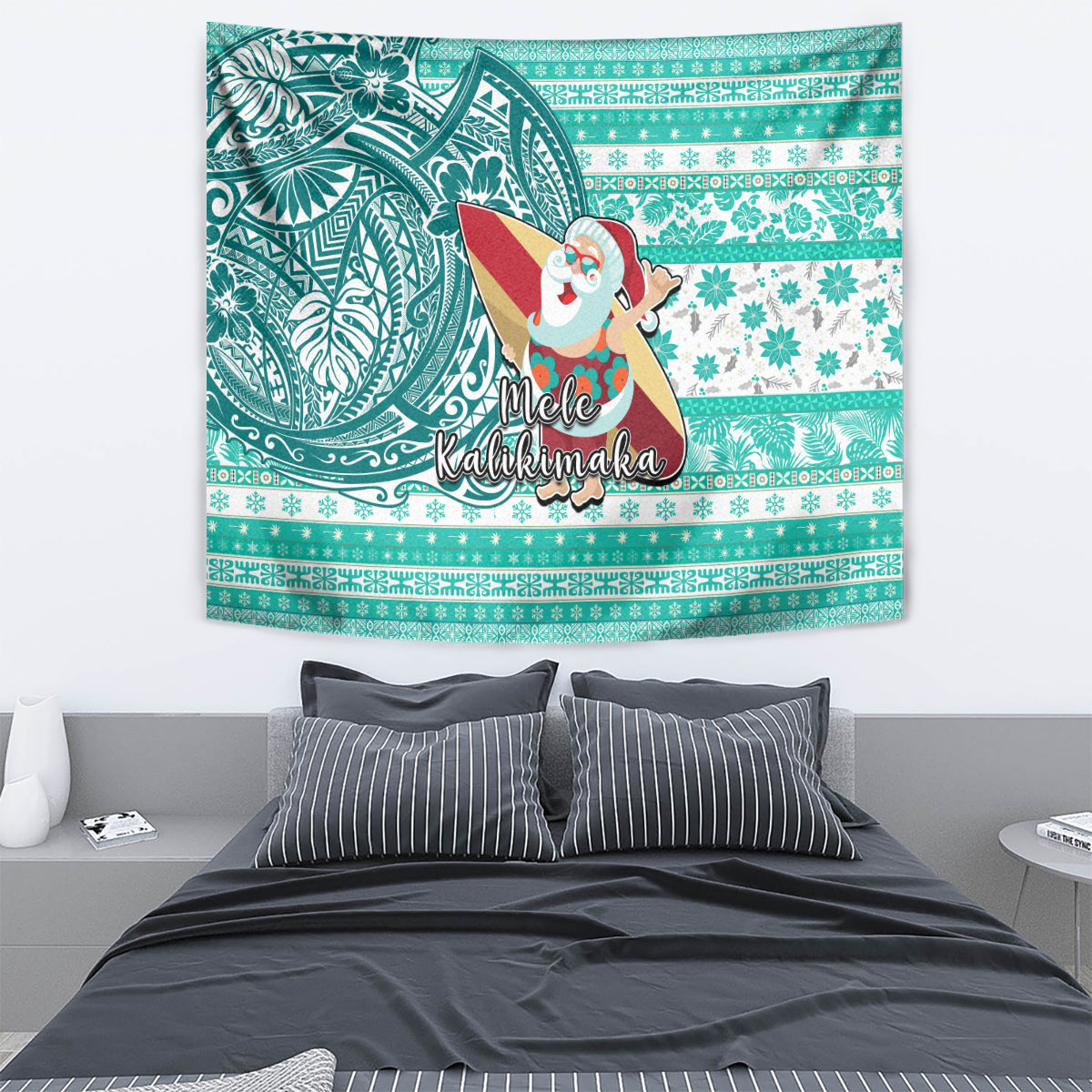 Hawaii Mele Kalikimaka Tapestry Santa Claus Surfing with Hawaiian Pattern Striped Turquoise Style LT03 - Polynesian Pride